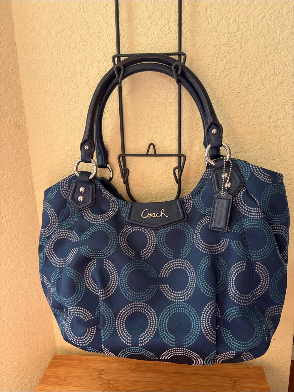 Coach Ashely Tote Dotted Art Navy and Teal Signature Monogram Shoulder Bag
